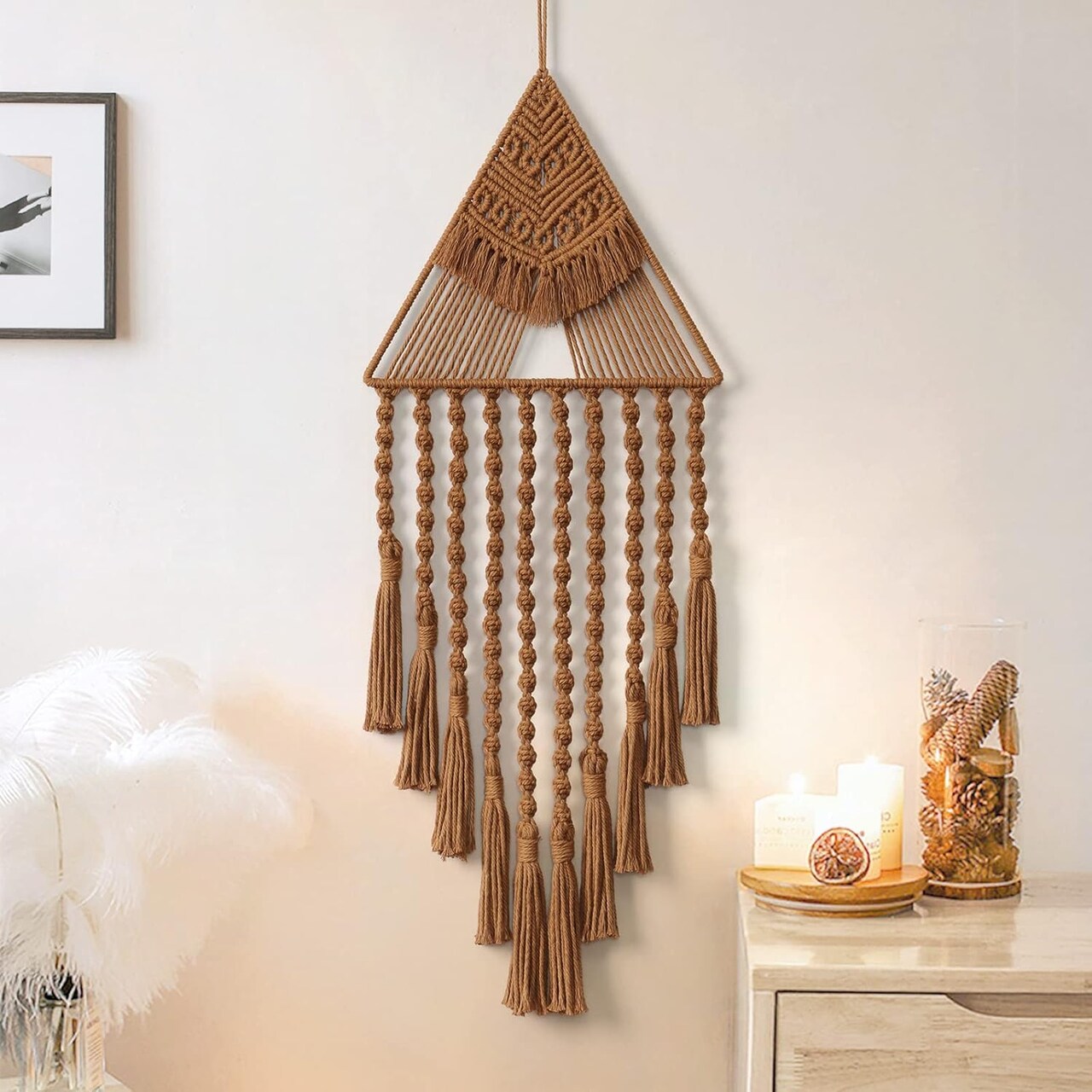 Macramé Woven Wall Hanging – Brown Dreamcatcher-Inspired Triangle Tassel Geometric Art, Boho Backdrop for Apartment, Dorm, or Home Décor